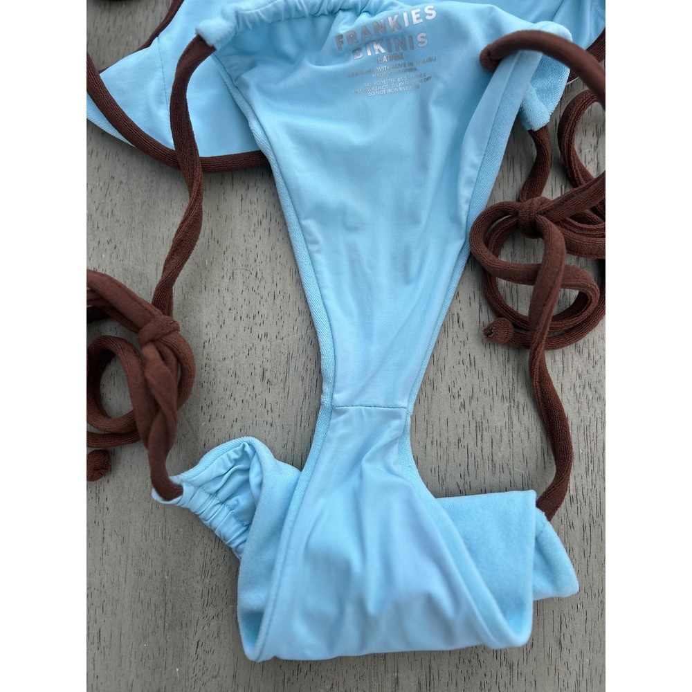 Frankies Bikinis Blue Terry Cloth Two Piece Set Brown Trim Top M Bottom L - Picture 3 of 6